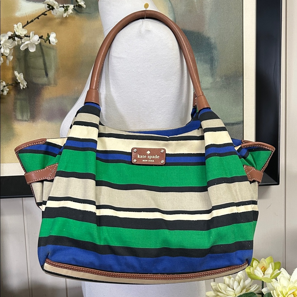 kate spade Striped Canvas Tote in Green, Blue & Cream with Brown Trim